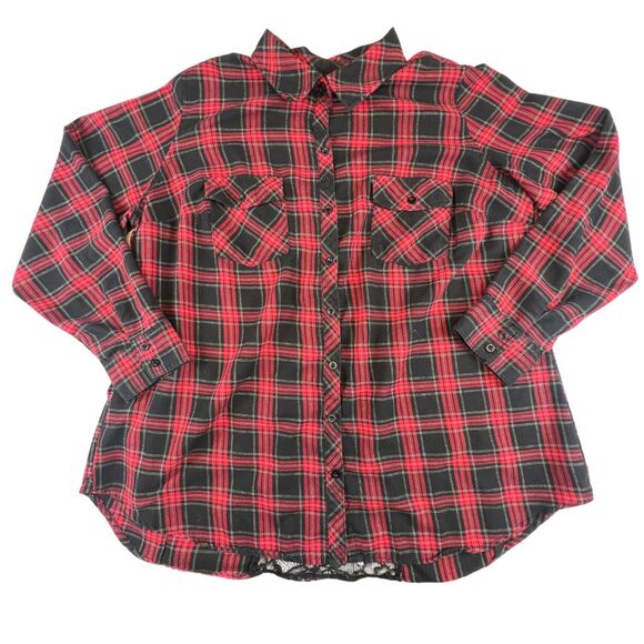 Hot Topic Button Down 2X Red Black Plaid Edgy Lace Back Split Grunge Goth Shirt - Picture 5 of 8